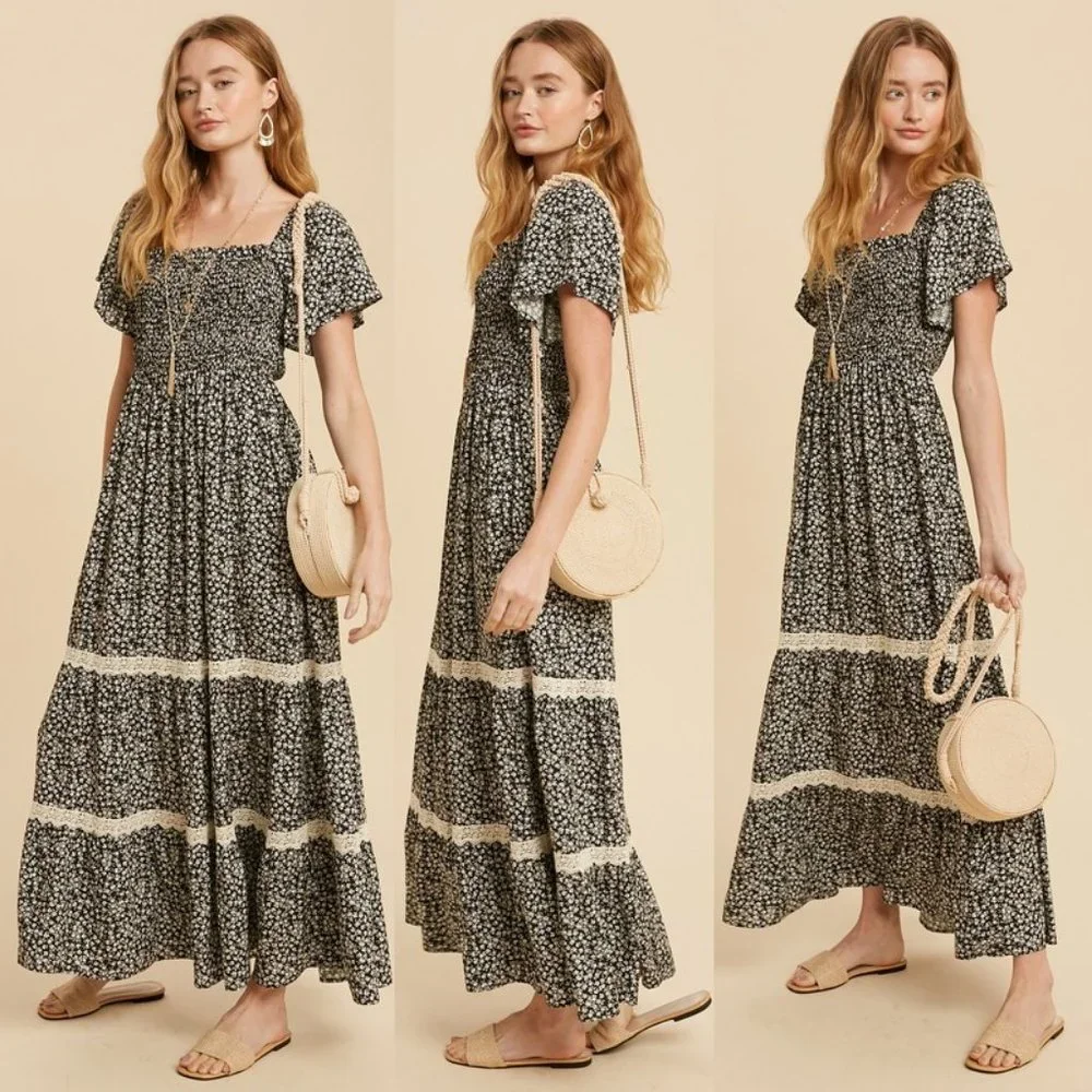 NEW Black Ditsy Floral Smock Square Neck Bodice Lace Trim Skirt Boho Maxi Dress - Picture 3 of 11